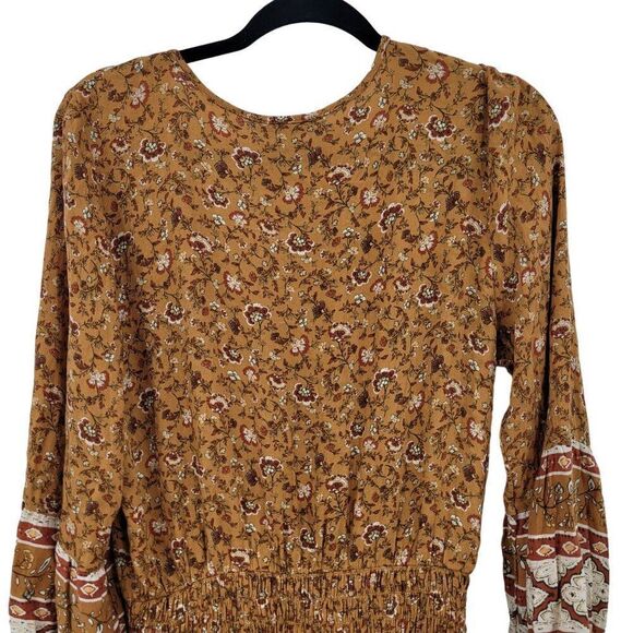 American Eagle Long Sleeve Dress Size Large Long Rust Floral Smocked Mini Boho - Picture 10 of 12